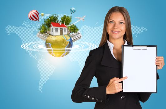 Beautiful businesswoman in suit holding paper holder. Earth with buildings and trees in background. Elements of this image furnished by NASA