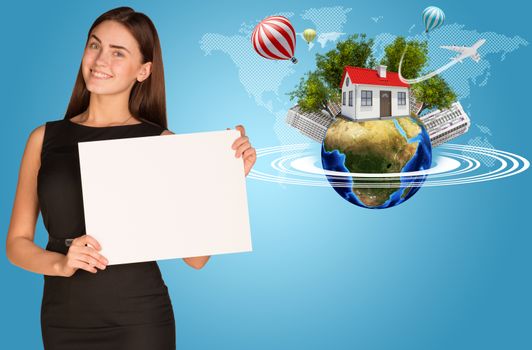 Beautiful businesswoman in dress holding paper holder. Earth with buildings and trees in background. Elements of this image furnished by NASA