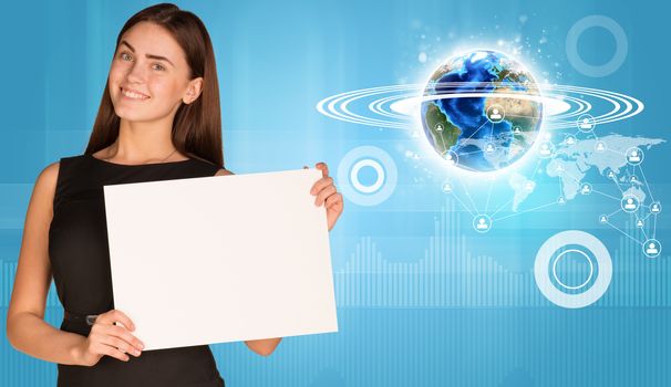 Beautiful businesswoman in dress holding paper holder. Earth with network and graphs in background. Elements of this image furnished by NASA