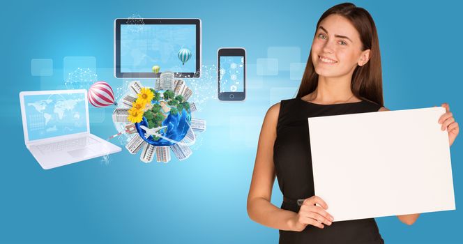 Beautiful businesswoman in dress holding paper holder. Electronics, Earth with buildings and trees in background. Elements of this image furnished by NASA