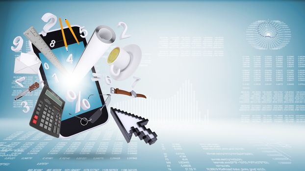 Smart phone and business objects. Graphs and text rows as backdrop. Technology concept