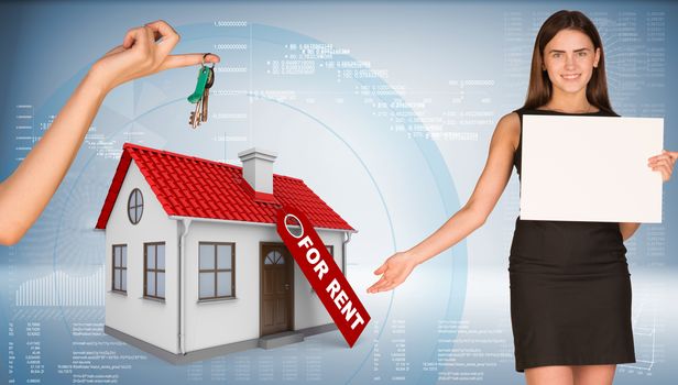 Businesswoman holding empty paper and showing house. Hand giving house key. Business concept