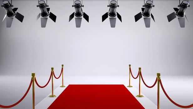 Red carpet at the studio. On the ceiling are hanging lights