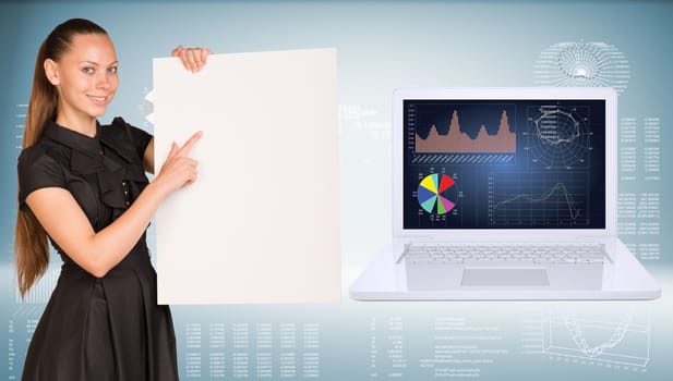 Businesswoman holding empty paper. Laptop and graphs as backdrop