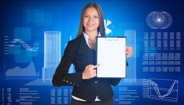 Businesswoman holding paper holde. Wire-frame buildings and graphs as backdrop