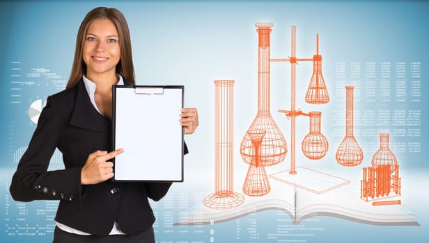 Businesswoman holding paper holde. Wire-frame flasks chemistry lab as backdrop