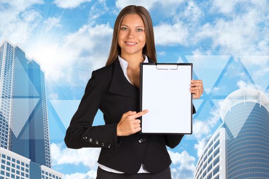 Businesswoman holding paper holde. Building and transparent triangles with people icons as backdrop