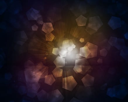 Glow multicolor pentagons on dark background. Abstract texture