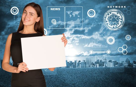Businesswoman hold paper sheet. Virtual elements and city as backdrop