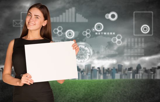 Businesswoman hold paper sheet. Virtual elements and city as backdrop