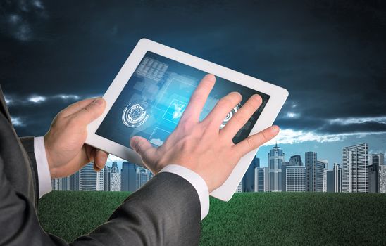 Man hands using tablet. Virtual elements on touchscreen. City as backdrop