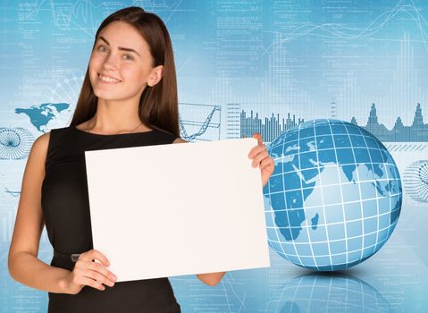 Businesswoman hold paper sheet. Earth and graphs as backdrop. Elements of this image furnished by NASA