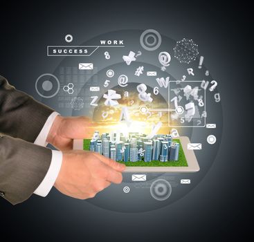 Man hands using tablet pc. Business city on touch screen. Business concept