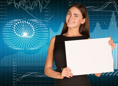 Businesswoman hold paper sheet. Graphs as backdrop