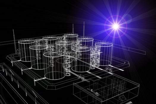 Wire-frame industrial tanks with light on dark background. Industrial concept