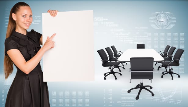 Businesswoman hold paper sheet. Big conference table with chairs are located next. Hi-tech graphs as backdrop