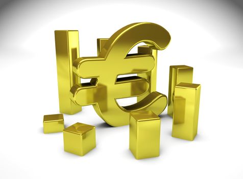 European currency symbol with golden growing bars.