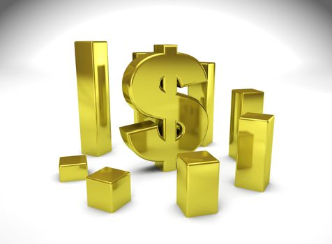 Dollar currency symbol with growing golden bars.