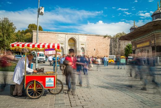 ISTANBUL, TURKEY - SEP 15: Fresh roasted sweet corn vendor as seen around most areas and tourist attractions on September 15, 2014 in Istanbul, Turkey. Part of the healthy fast food culture in the city.