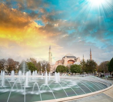 Hagia Sophia in Istanbul with Sultanahmet Square fountain in foreground.