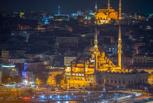 Yeni Cami, New Mosque. Istanbul night aerial view.