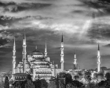 Blus Mosque, Istanbul. Aerial night view with sunset sky.