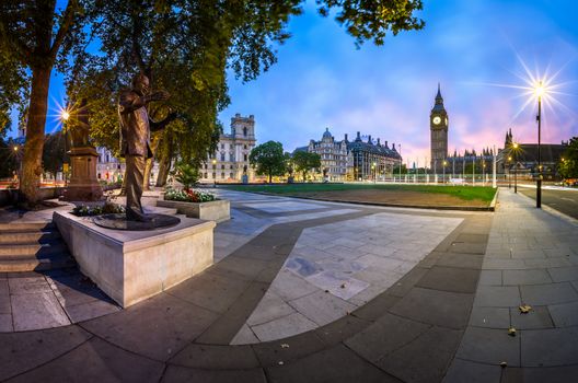 Panorama of Parliament Square and Queen Elizabeth Tower in London, United Kingdom