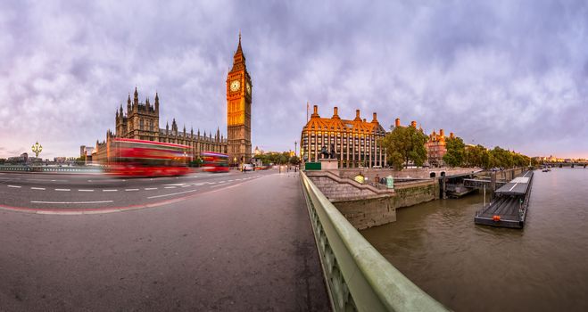 Panorama of Queen Elizabeth Clock Tower and Westminster Palace in the Morning, London, United Kingdom