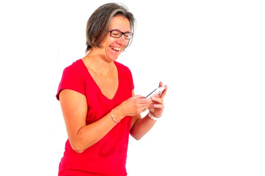 A Woman in red t shirt on smartphone in studio