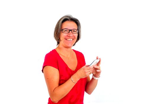 A Woman in red t shirt on smartphone in studio