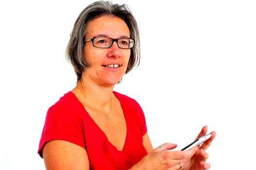 A Woman in red t shirt on smartphone in studio