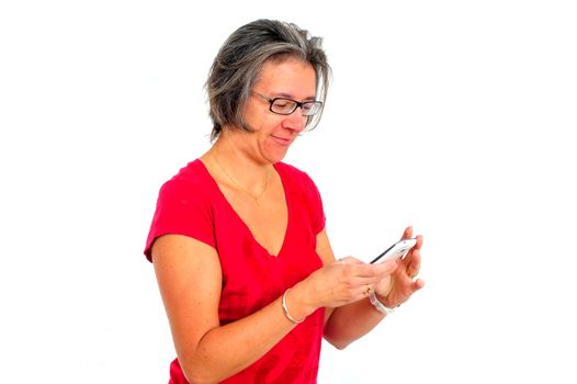 A Woman in red t shirt on smartphone in studio