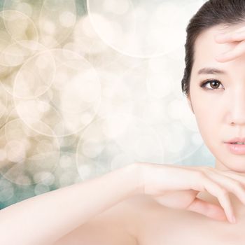 Asian beauty face closeup portrait with clean and fresh elegant lady. Studio shot.