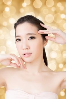 Asian beauty face closeup portrait with clean and fresh elegant lady. Studio shot.