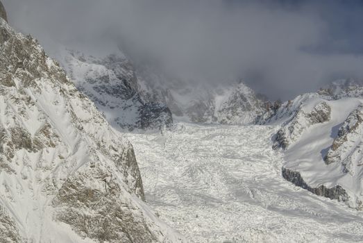 Panoramic view of ragged Mt Blanc wall during winter