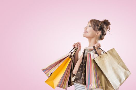 Shopping girl of Asian, closeup portrait isolated on white with clipping path.