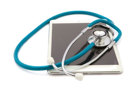 Tablet Computer With  Stethoscope, Isolated On White Background