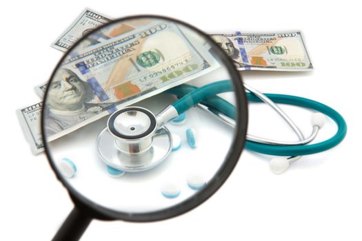 health care costs - Stethoscope on money background
