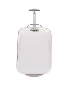 Front view of silver travel suitcase standing over white background