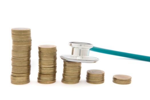 Stethoscope over coins. Concept of saving bad economy