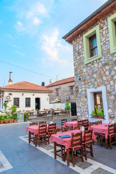 beautiful view of the European outdoor cafe in the old style