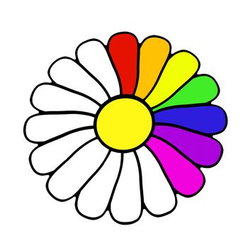 daisy illustration with rainbow colored petals on white