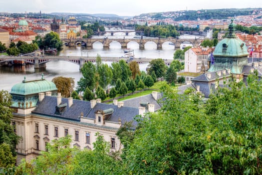 Photo shows the bridge, river and some old houses in Prague.