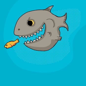 Big gray smiling cartoon fish chasing little goldfish