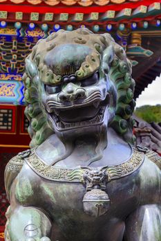 Dragon Bronze Statue Summer Palace Ornate Roof Beijing China