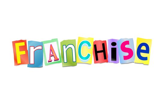 Illustration depicting a set of cut out printed letters arranged to form the word franchise.