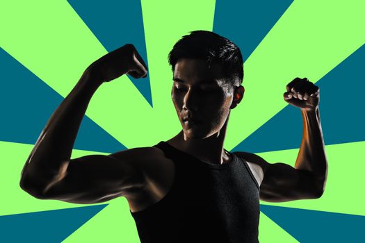 Silhouette of young man show his biceps brachii, closeup portrait.