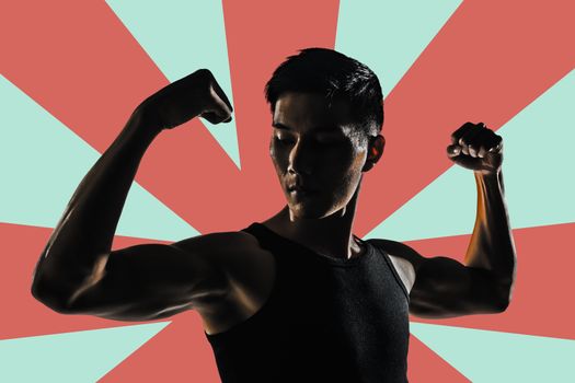 Silhouette of young man show his biceps brachii, closeup portrait.