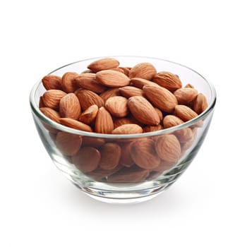 Glass bowl with almonds nuts isolated on white background.