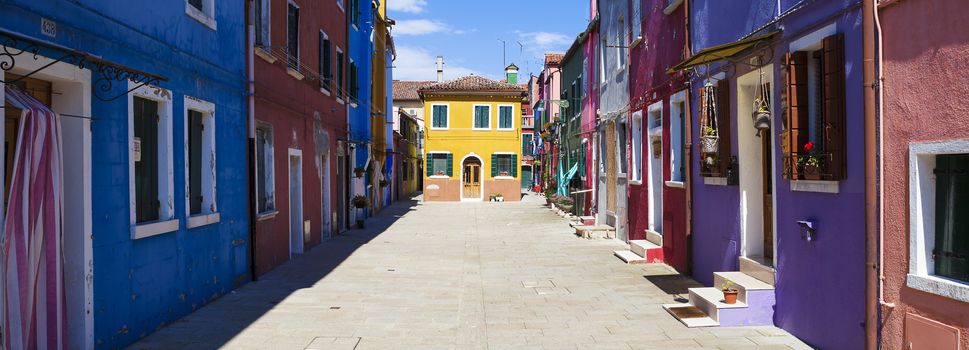 Panoramic view of Colorful street in Burano, near Venice, Italy 